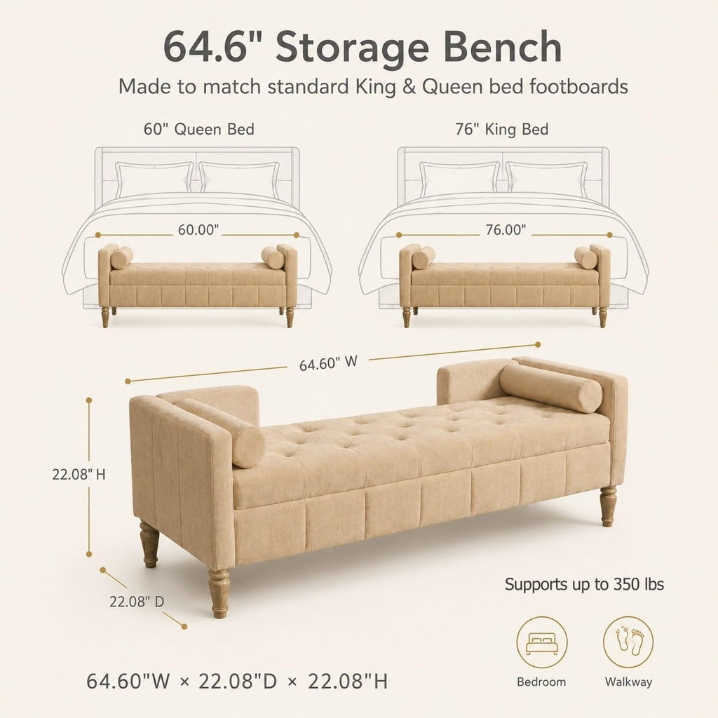 64.6" End of Bed Storage Bench, Diamond Tufted Chenille | 64.6"W × 22.08"D × 22.08"H, Camel, 350 lbs capacity