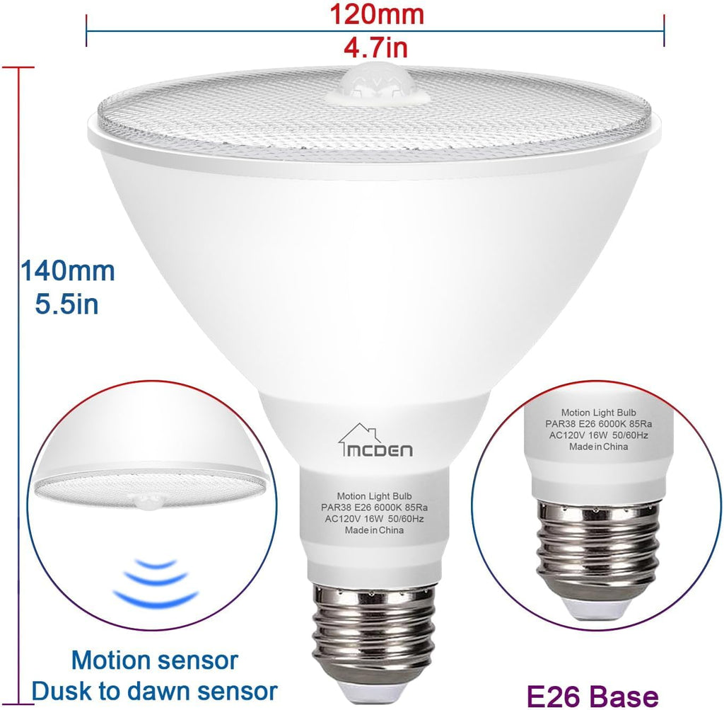 Motion Sensor Light Bulb, PAR38 16W Equivalent 100W 6000K Daylight, Indoor Motion Activation Detector Light Bulb, E26