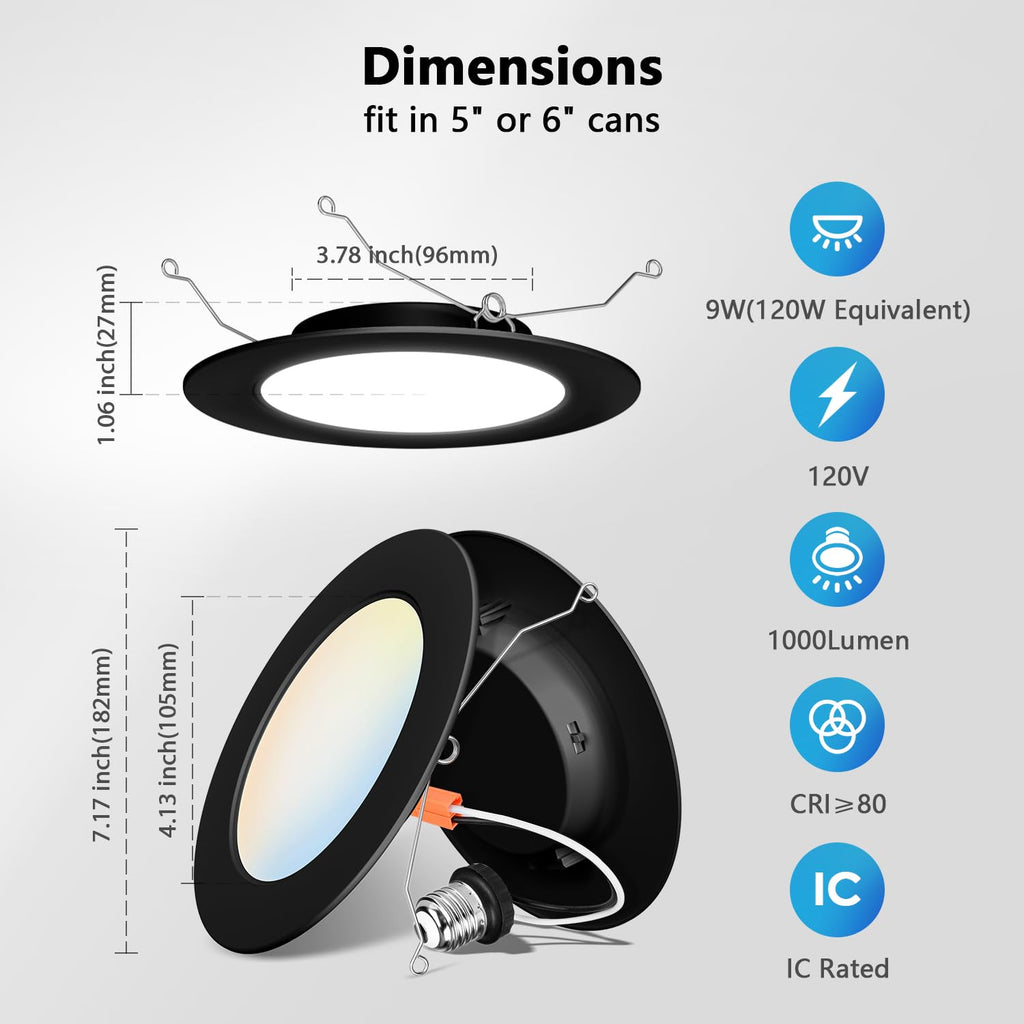 6 Inch Recessed Lights, 5CCT LED Can Lights, Dimmable,12 Pack,Black