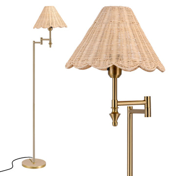 Boho Rattan Floor Lamp with Swing Arm, Natural Standing Lamp with Adjustable 310° Arm, Hand Woven Shade and Gold