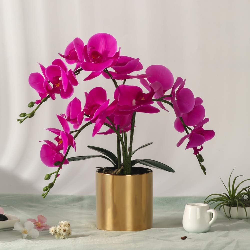Artificial Orchid Flower with Vase, White Orchid Bonsai Faux Orchid Phalaenopsis Plant Pot Arrangements Decoration