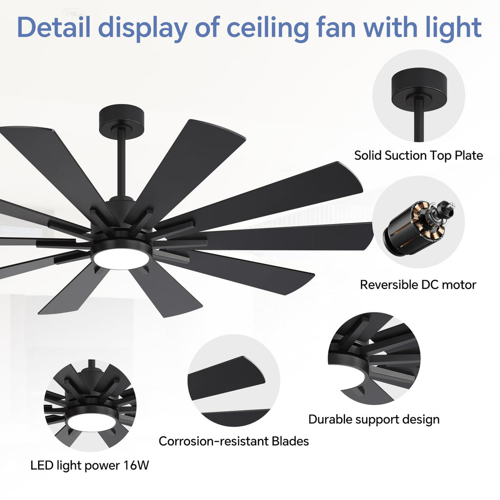 Modern Ceiling Fans with Lights, 62 inch Large Black Ceiling Fan with Light and Remote, Door/Outdoor use Patio, 6