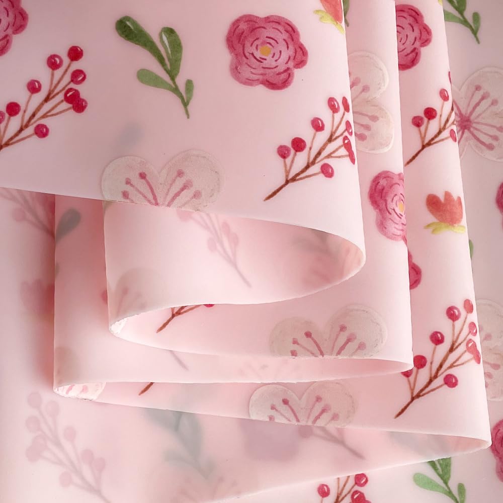 Flower Printed Pink Blossom Jelly Vinyl Roll 12"×54" Floral Translucent PVC Vinyl Fabric 0.7 mm for DIY Crafts Sewing