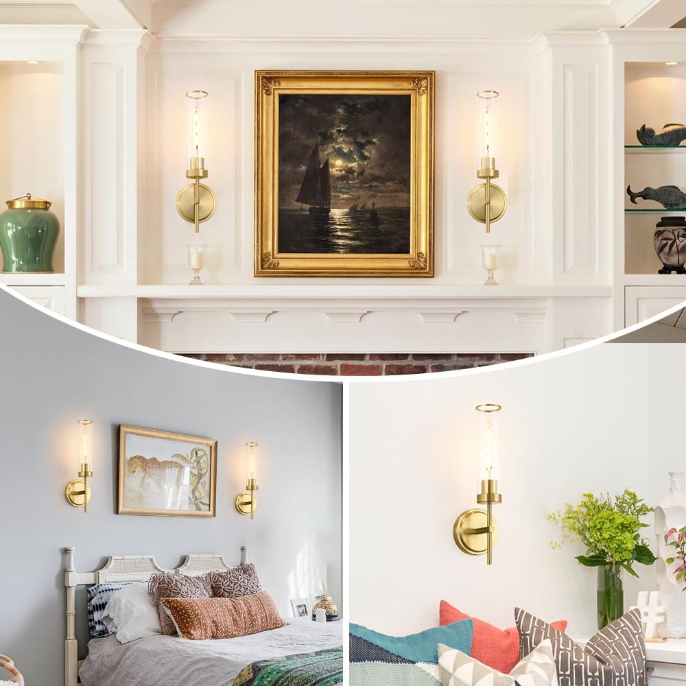 Gold Bathroom Wall Sconces Set of 2, Modern Wall Sconces Set of Two Hardwired, Bathroom Vanity Light Fixtures with