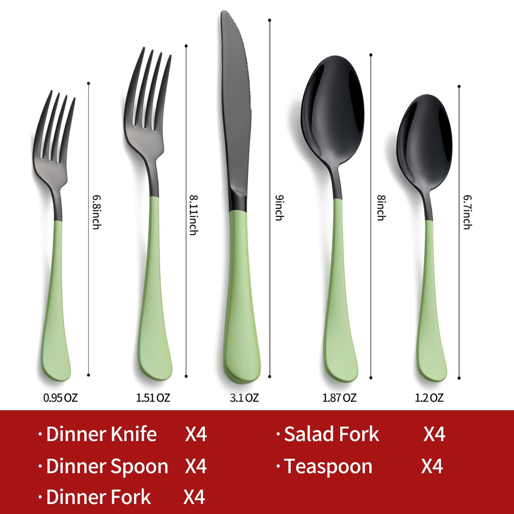 20-Pieces Green and Black Silverware Sets for 4,Green Handle Stainless Steel Cutlery Set, Include Forks Spoons and