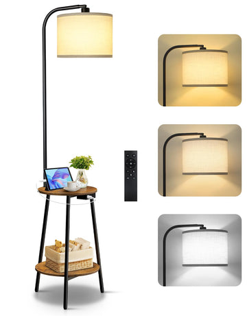 Floor Lamp with Round Table, Dimmable LED Standing Lamp with Remote, 3 Color Temperatures, Side Table with Charging