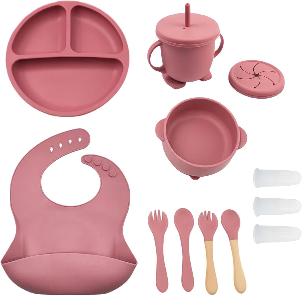 Feeding Set with Suction Bowls, Divided Plate, Adjustable Bib, Wooden Handle Utensils, Training Cup, Piece Weaning