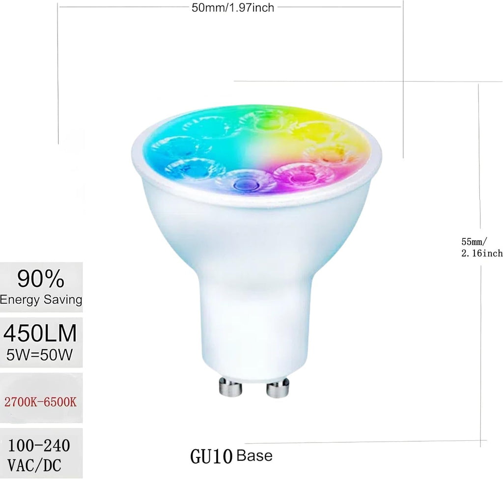 Smart Gu10 LED Bulbs Dimmable Color Changing,Gu10 RGB Bulb, WiFi & Bluetooth LED Bulb Work With Alexa Google