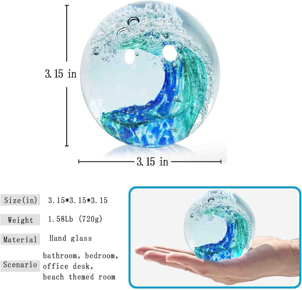 Hand Blown Ocean Wave Glass Paperweight - Blue Sea Glass Art for Beach Home Decor, Unique Gift for Ocean Lovers