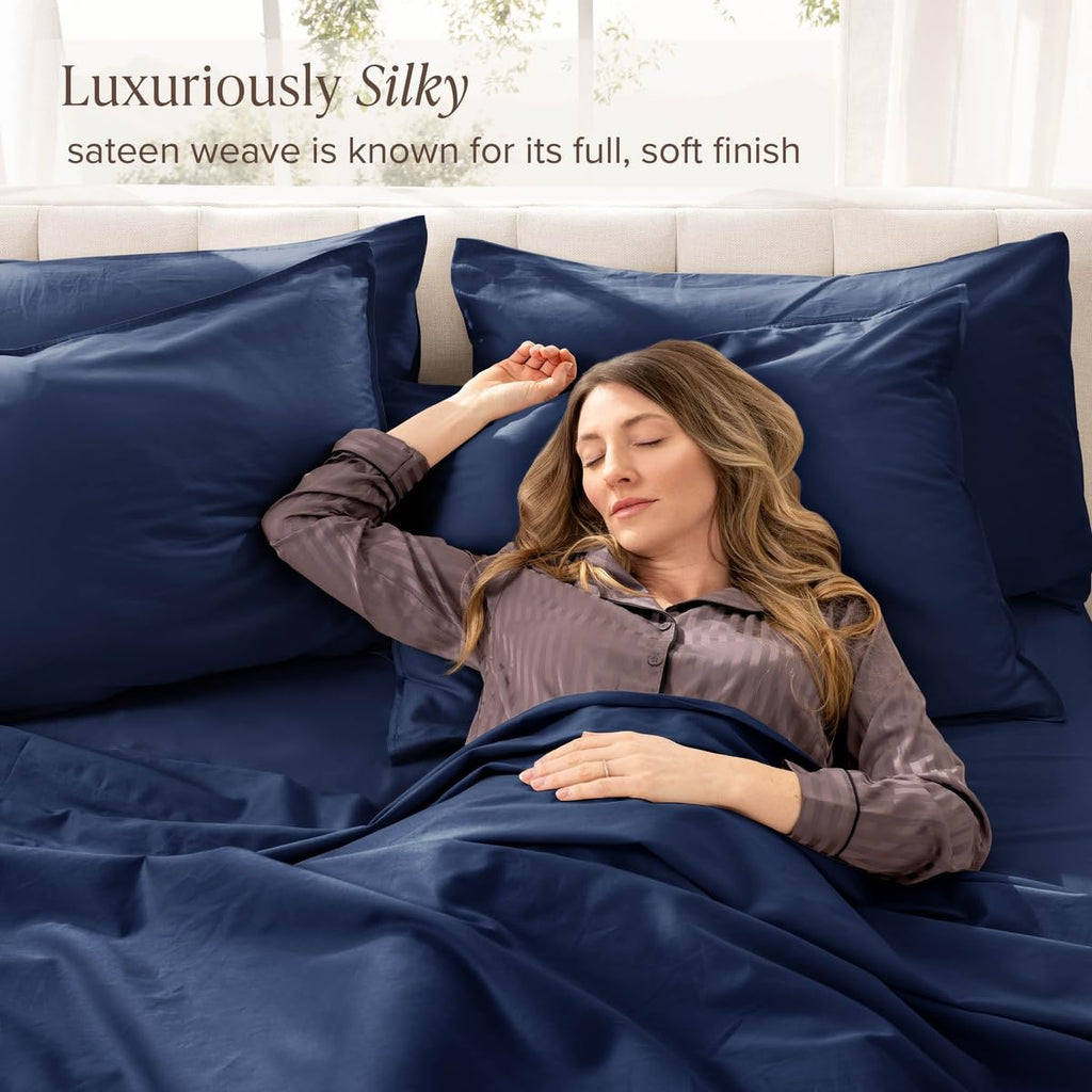 100% Organic Cotton Sateen Sheet Set (Twin XL, Dark Blue)