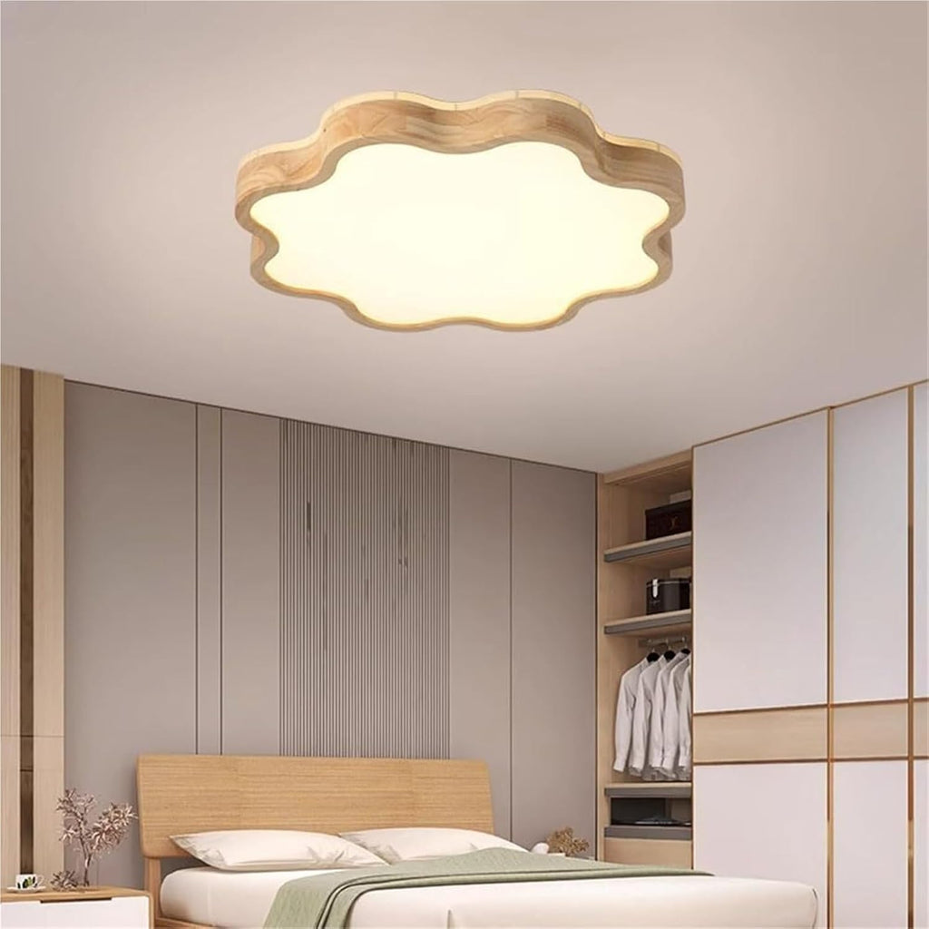 Nordic Cloud Shaped LED Flush Mount Ceiling Light Fixture, Natural Wood Frame with Acrylic Shade, Dimmable Tri Color