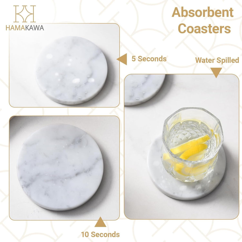 Real Natural Marble Coasters, Carrara White Coaster 4 inch, Modern Round Stone, Trendy Drink Coasters - Set of 4
