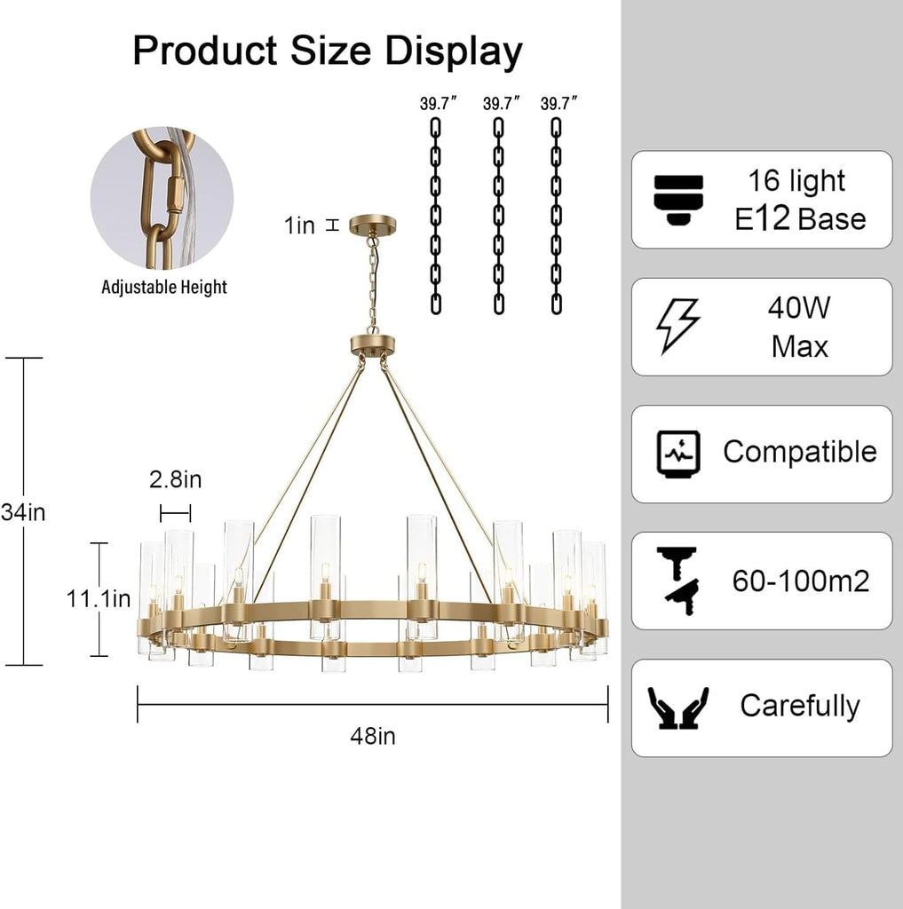 16-Lights Gold Chandelier,Wagon Wheel Chandelier with Glass Shade,48 Inch Large Round Industrial High Ceilings Pendant Lighting Fixture for Dining Room,Living Room, Kitchen Island, Foyer A115-B0CNRHWRKS