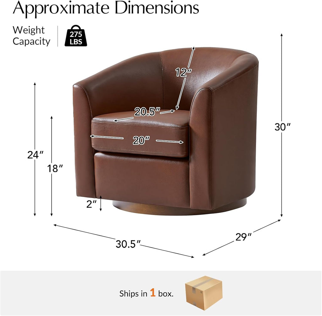 Genuine Leather Swivel Barrel Chair with Solid Wood Base, Brown