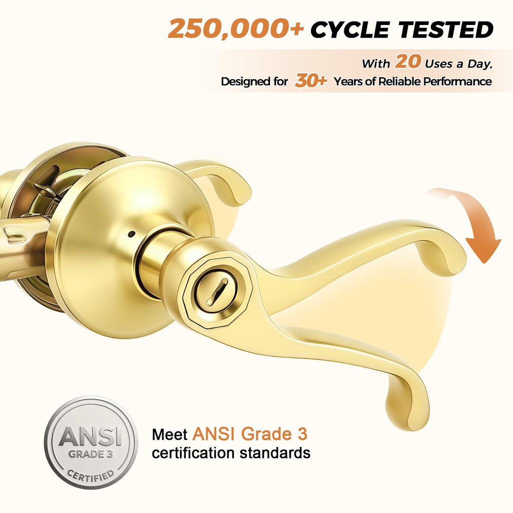 Scroll Privacy Door Lever, Gold Door Handle Interior, Reversible for Left/Right Handed Door, Polished Brass Door