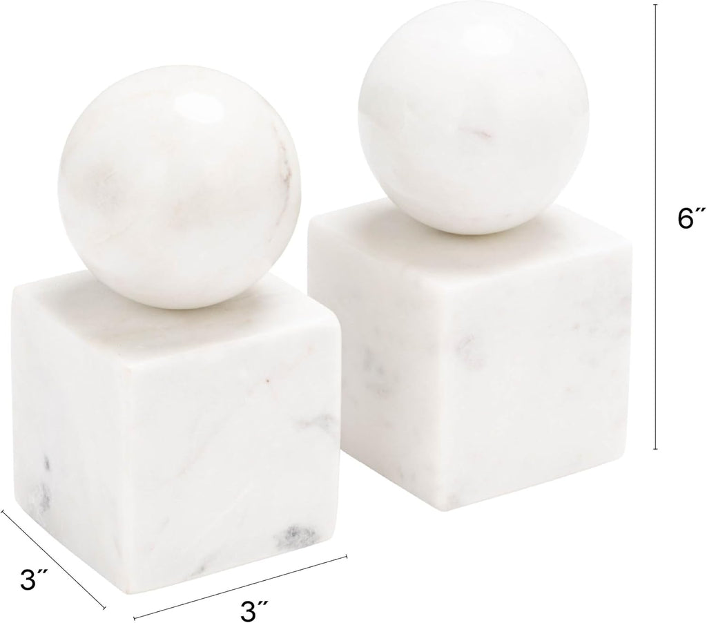 2-Piece Marble Geometric Bookends, White