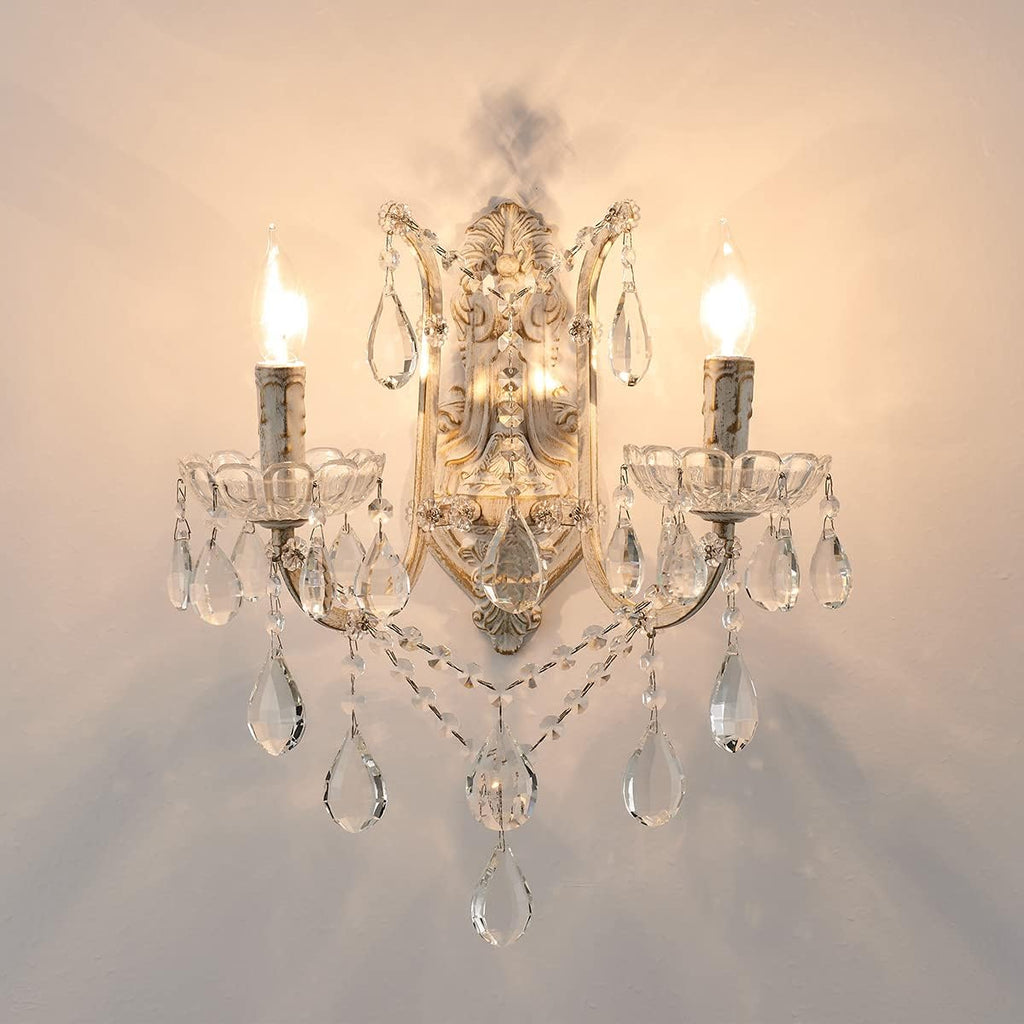 French Country Crystal Wall Sconce, 2-Light Distressed White Gold Candle Style with Teardrop Crystals, Hardwired