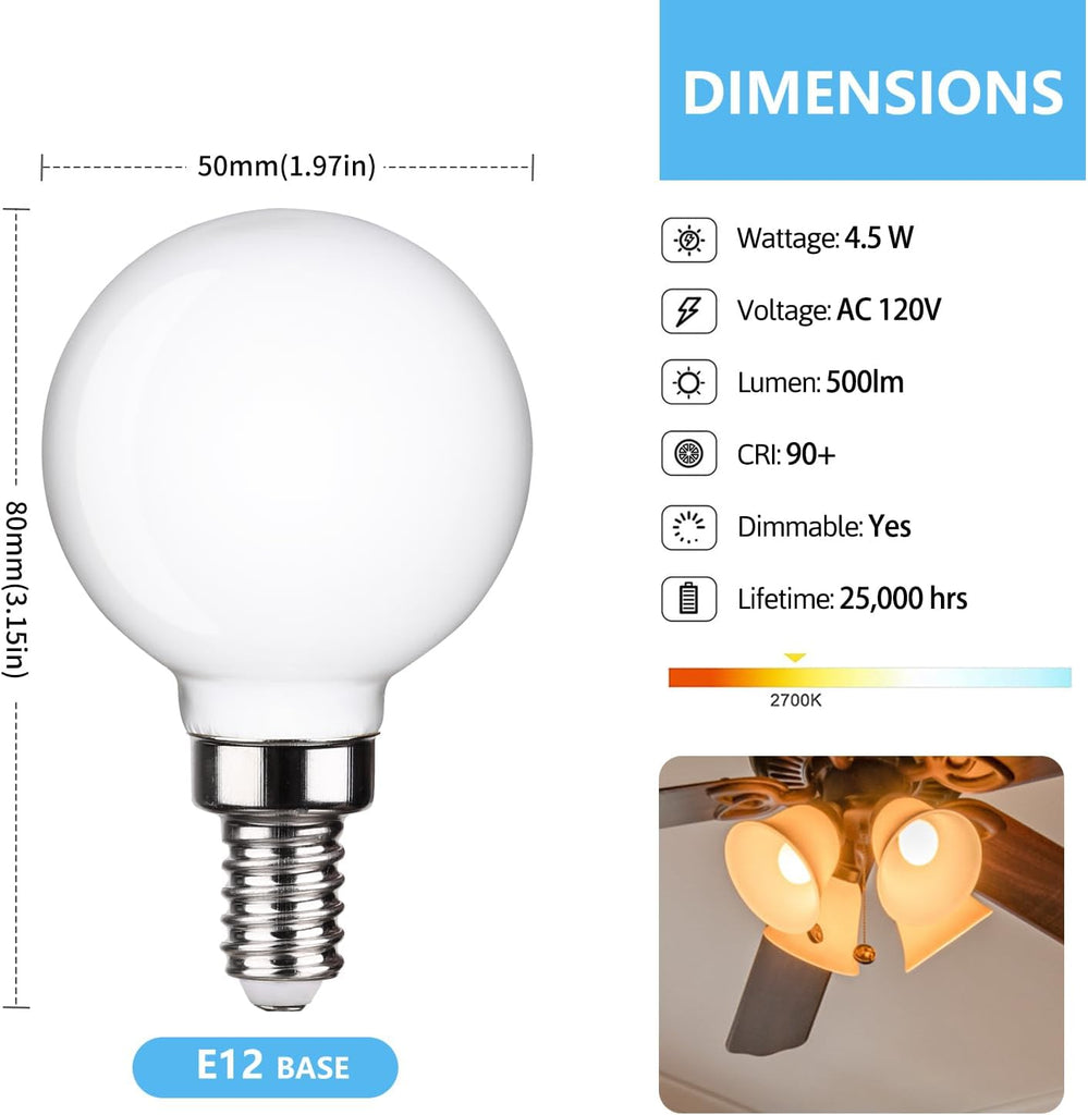 6Pack G50 LED Ceiling Fan Light Bulbs, Dimmable LED Candelabra Bulb