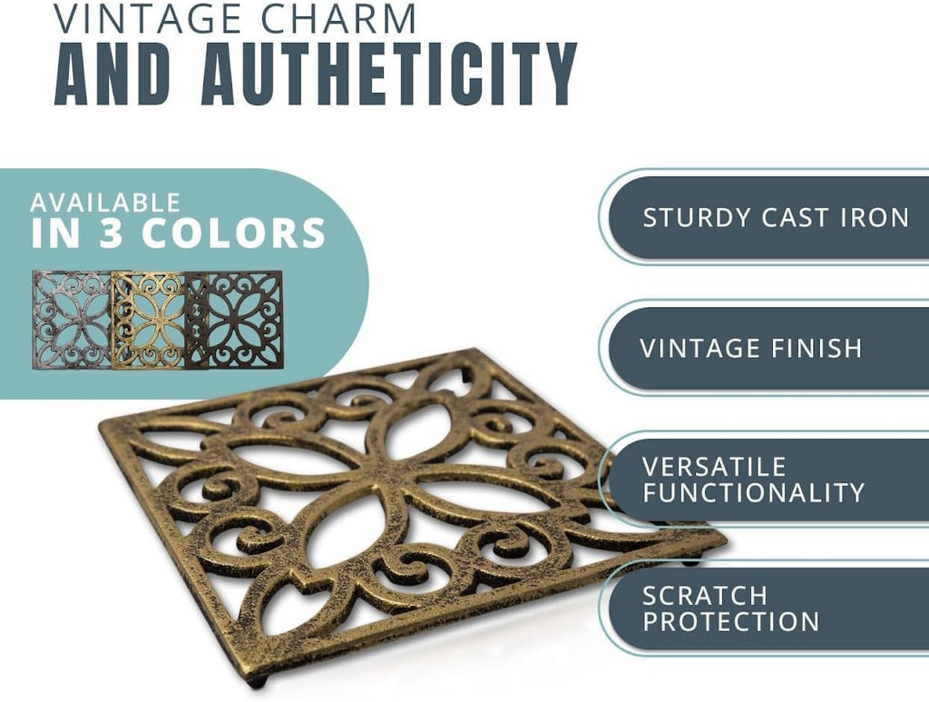 Gold with Black Cast Iron Trivet - Square 6.5"×6.5" - Rubber Feet - Set of 4