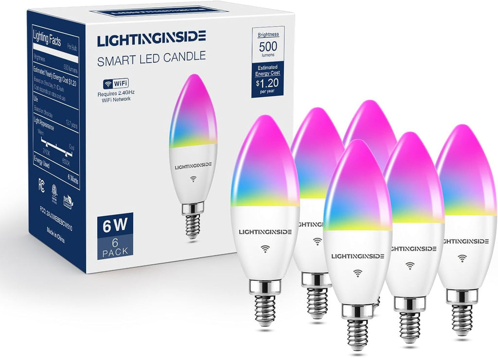 E12 Smart Light Bulbs 60W Equiv., Work with Alexa/Google Home/SmartLife, 500LM 6W RGBCW Candle Candelabra LED Bulbs