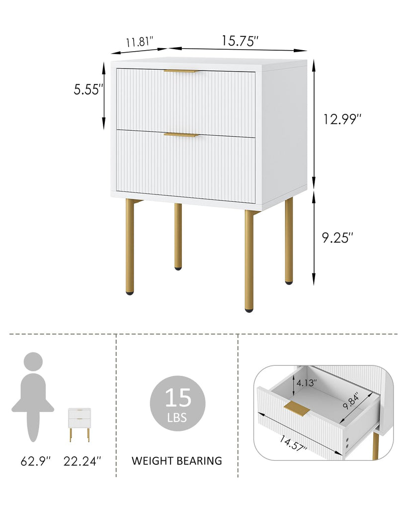 Nightstand, Morden Bedside Table with Gold Frame, Small White Night Stand, End Table, Bedside Furniture, Side Table with
