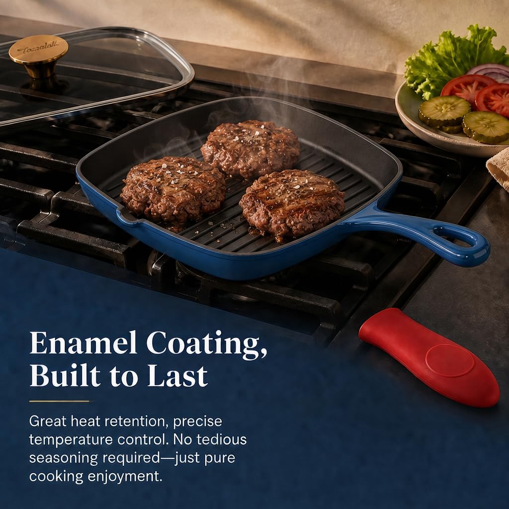 9.25" Enameled Cast Iron Grill Pan with Lid