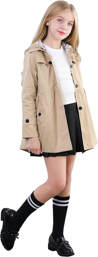 Girl's Single Breasted Trench Coat Hooded Dress Coat Outerwear