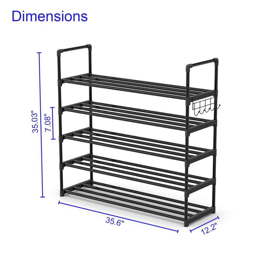 Shoe Rack for Closet, 5-Tier Metal Shelf Storage with Hooks, Black