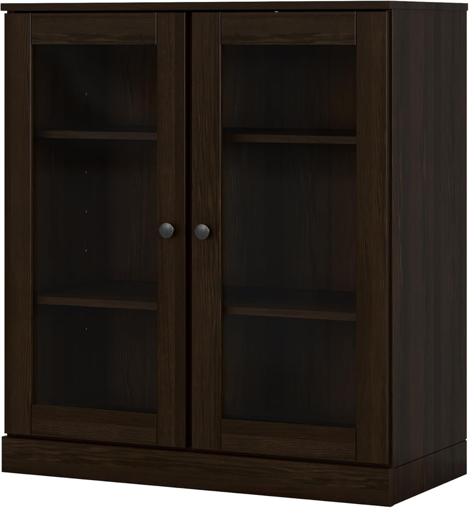 Solid Wood Bookcase - 3 Tier Bookshelf - 32" Wide - Espresso, Short Bookcase, Display Cabinet with Glass Doors &
