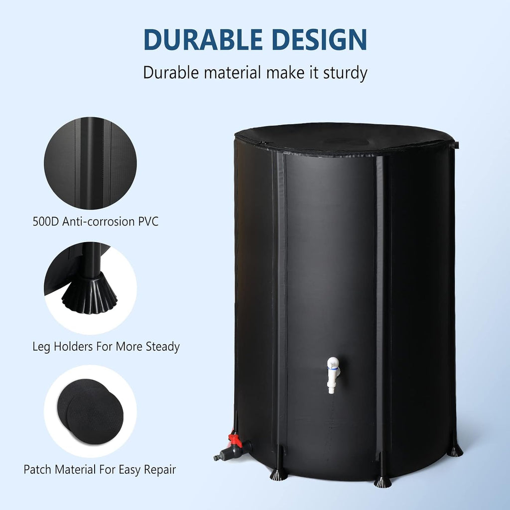 PVC 50 Gallon Collapsible Rain Barrel (Black, 100 Gallon) | Upgraded Foldable PVC Rain Water Collection Barrel, Water