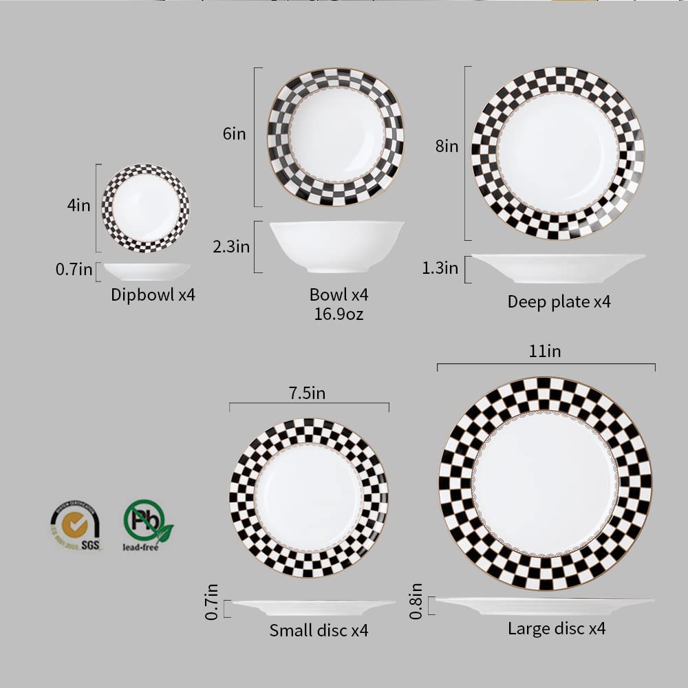 Checker Pattern 20-piece Round Dinnerware Set for 4, Porcelain Dinner Sets