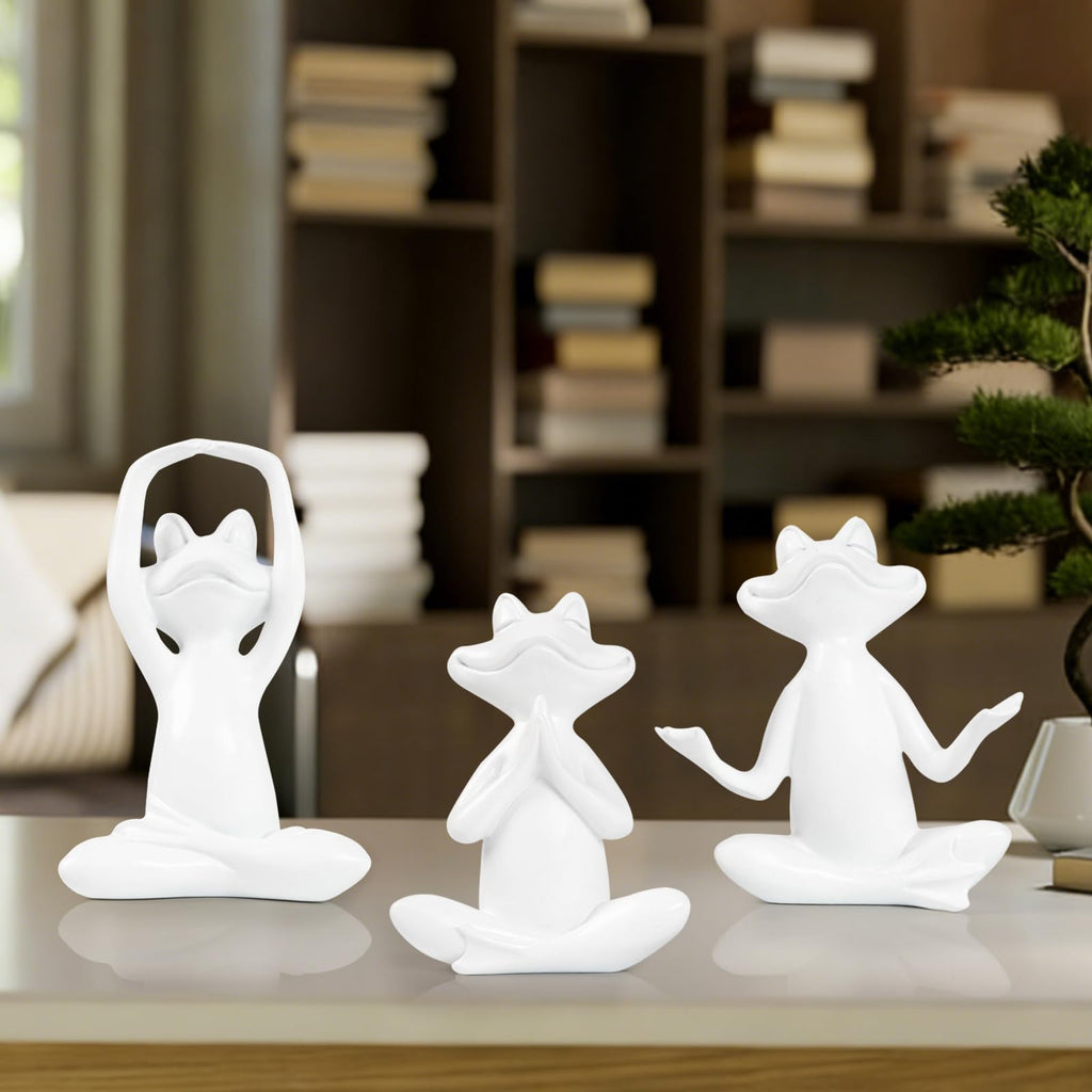 White Frog Yoga Figurines 3 Pcs, Modern Decor for Shelf, Desk, Office