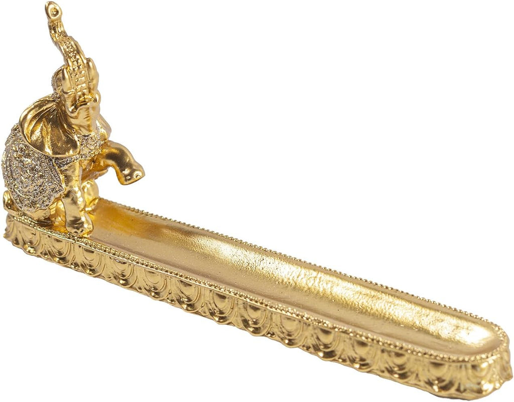Gold Elephant Incense Holder, Resin Feng Shui Statue Ash Catcher Tray, 9.45In