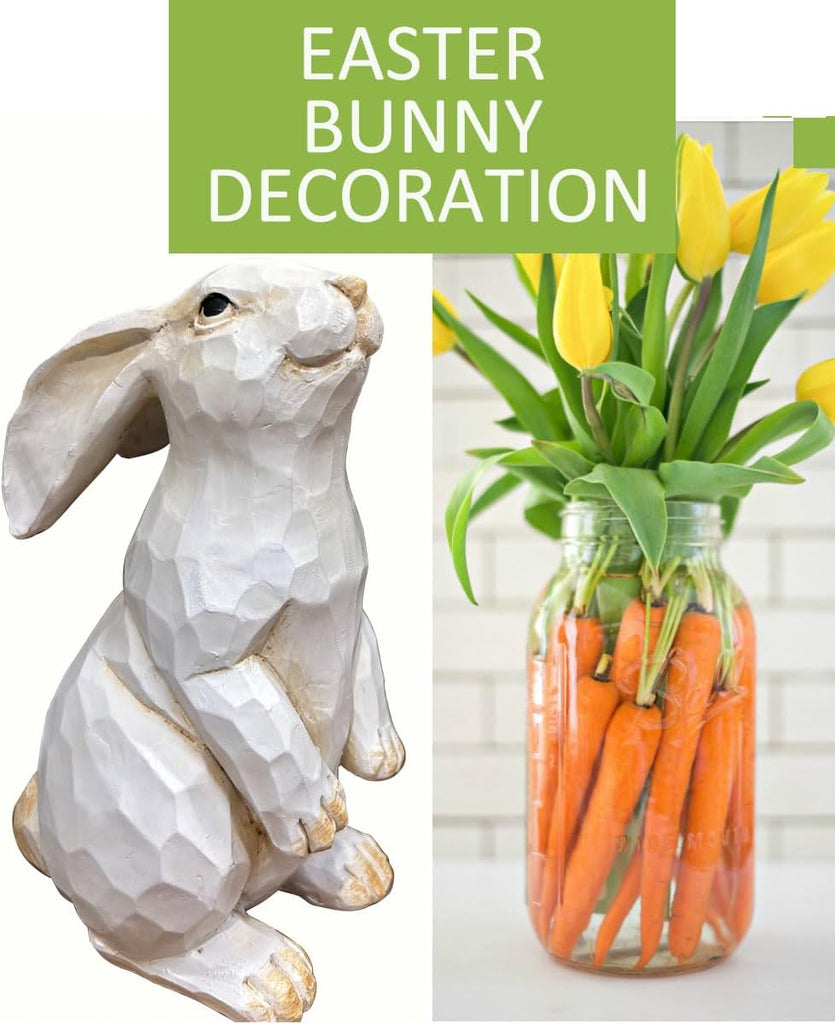 Easter Bunny Decoration, Decorative Farmhouse Modern Standing White Rabbit Bunny Figurine, Home Decor Accents Carved