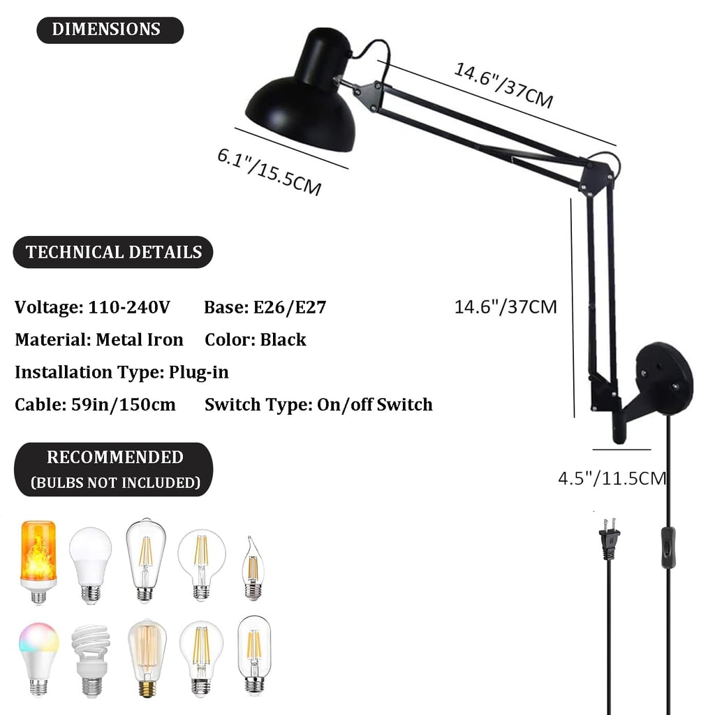 Black Industrial Swing Arm Wall Light Nordic Adjustable Long Arm Wall Sconces Lamp Metal Double-arms Folding