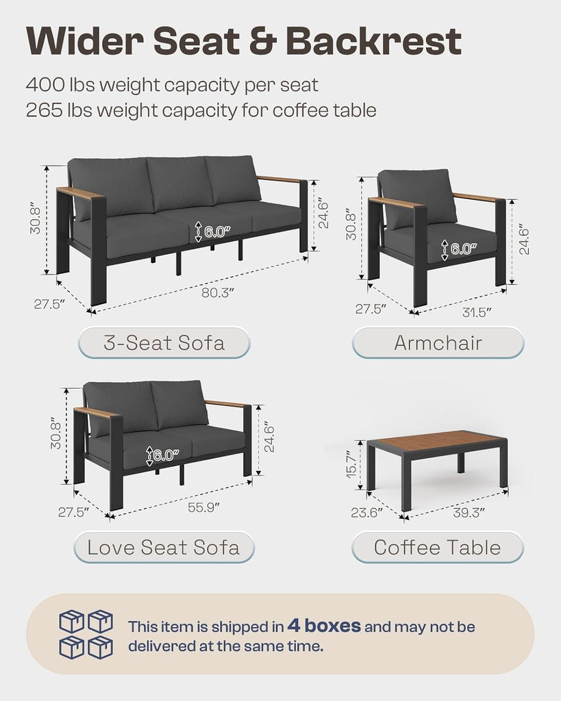 Aluminum Outdoor Patio Furniture Set with Coffee Table, 5 Piece Patio Conversation Sets with Washable Thick Cushions