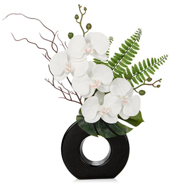 16.1" Orchid Artificial Flowers in Black Ceramic Vase, White