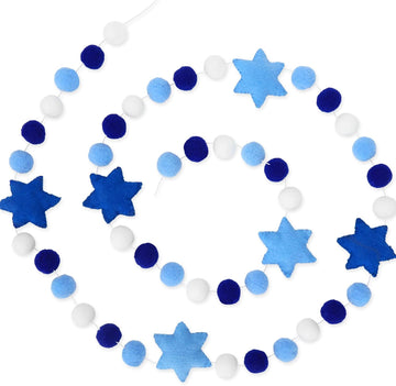 Hanukkah Felt Banner Hexagram Star Felt Garland Blue White Chanukah Pompom Party Decorative Hanging Bunting Banner - Set of 82