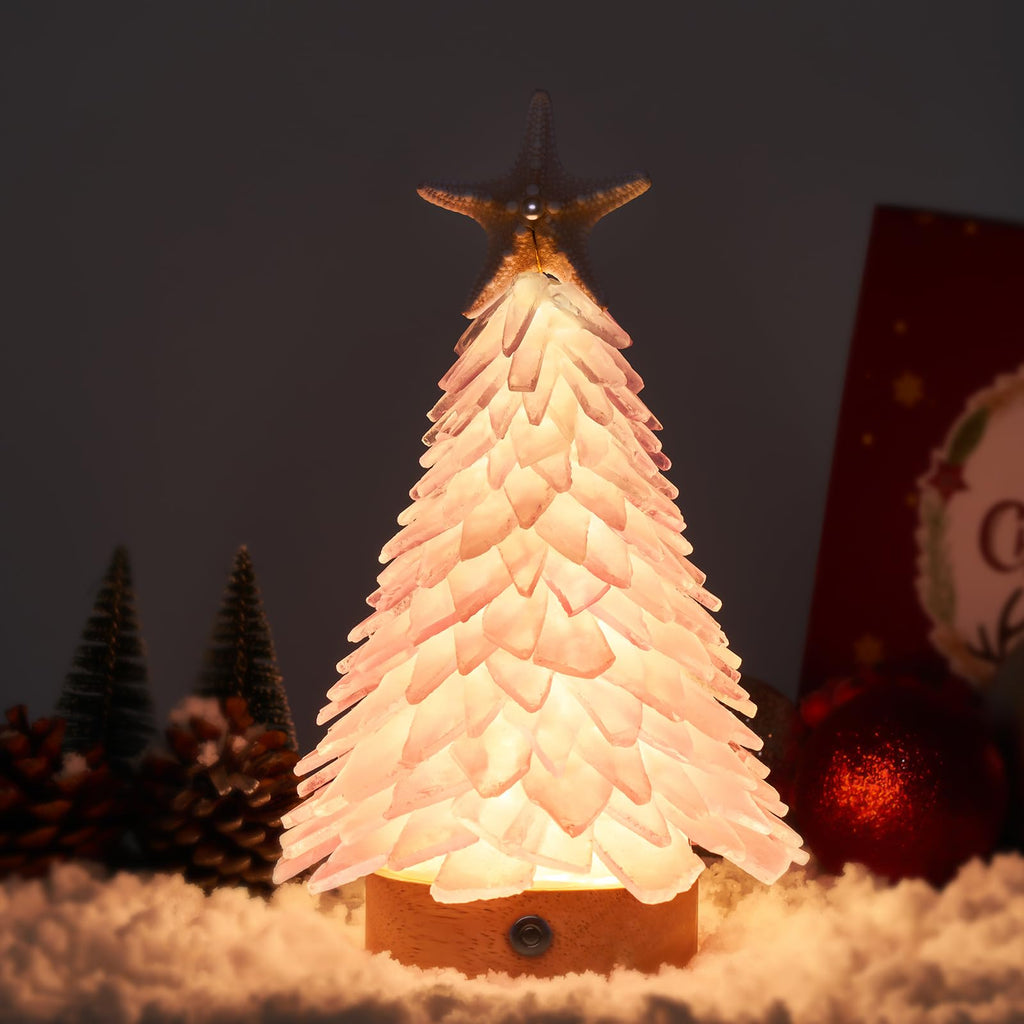 Handcrafted Pink Sea Glass Christmas Tree with LED Lights Table Centerpiece