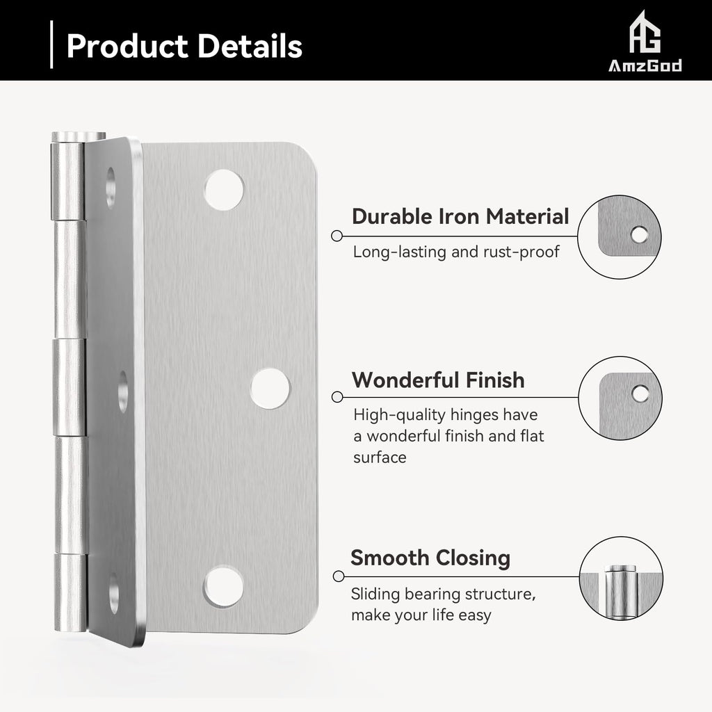 Door Hinges Brushed Nickel - 3 Pack 3.5 Inch Rounded Interior Satin Nickel with 1/4" Radius Corners - 3 1/2 Inches