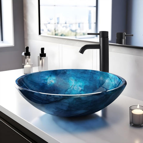 Vessel Sink 16.5" Bathroom Sinks Tempered Glass Blue Art Basin Round Bowl with Faucet Combo Blue,Modern Countertop