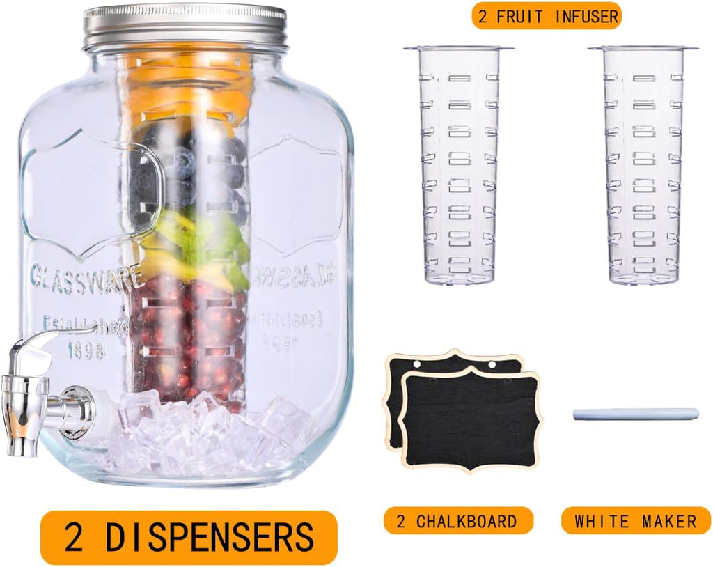 Gallon for Parties,2 Pack Beverage Dispenser with Fruit Infuser,Laundry Detergent Dispenser Punch Bowls Water Juice - Set of 2