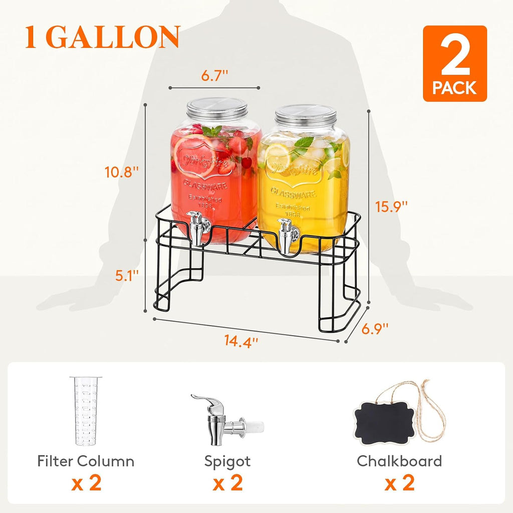 Gallon Glass Drink Dispenser with Stand & Fruit Infuser - Set of 2