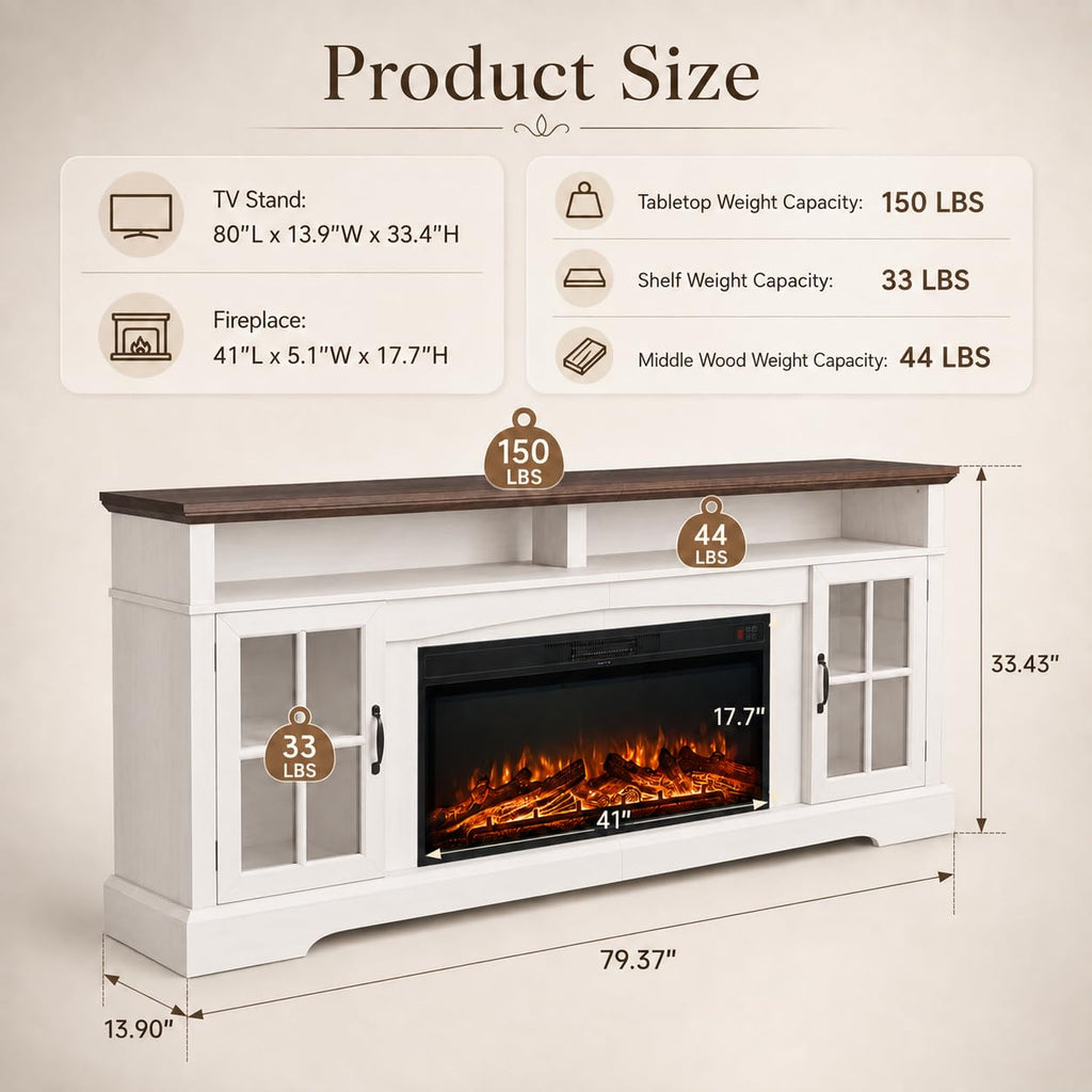 80" Fireplace TV Stand, Modern Entertainment Center for TVs Up to 80", TV Console with Storage Cabinets, Media