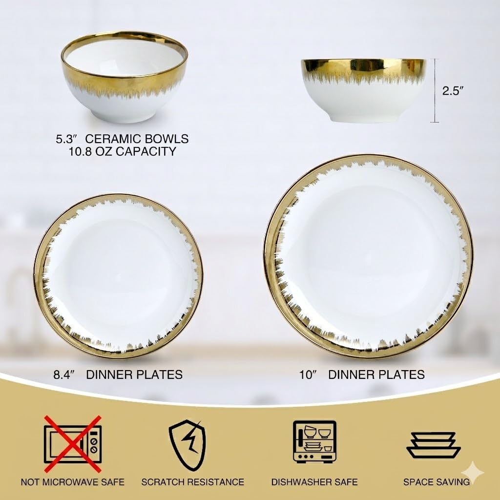 12-Piece Porcelain Dinnerware Set for 4, Luxury White Dish Set with Hand-Painted Gold Trim, Flat Plate Design for