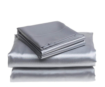 Pure Mulberry Silk Bed-Sheets 4-Piece Bedding Set- 19 Momme -6A Graded Solid Sheet Set | (60" X 80") Silver