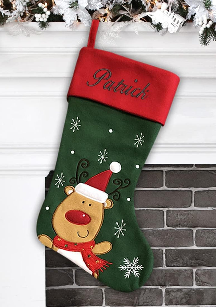 Personalized - Snowman Design - Embroidered Name - Large 18.5inch, Traditional Red and Green, Family Holiday Season