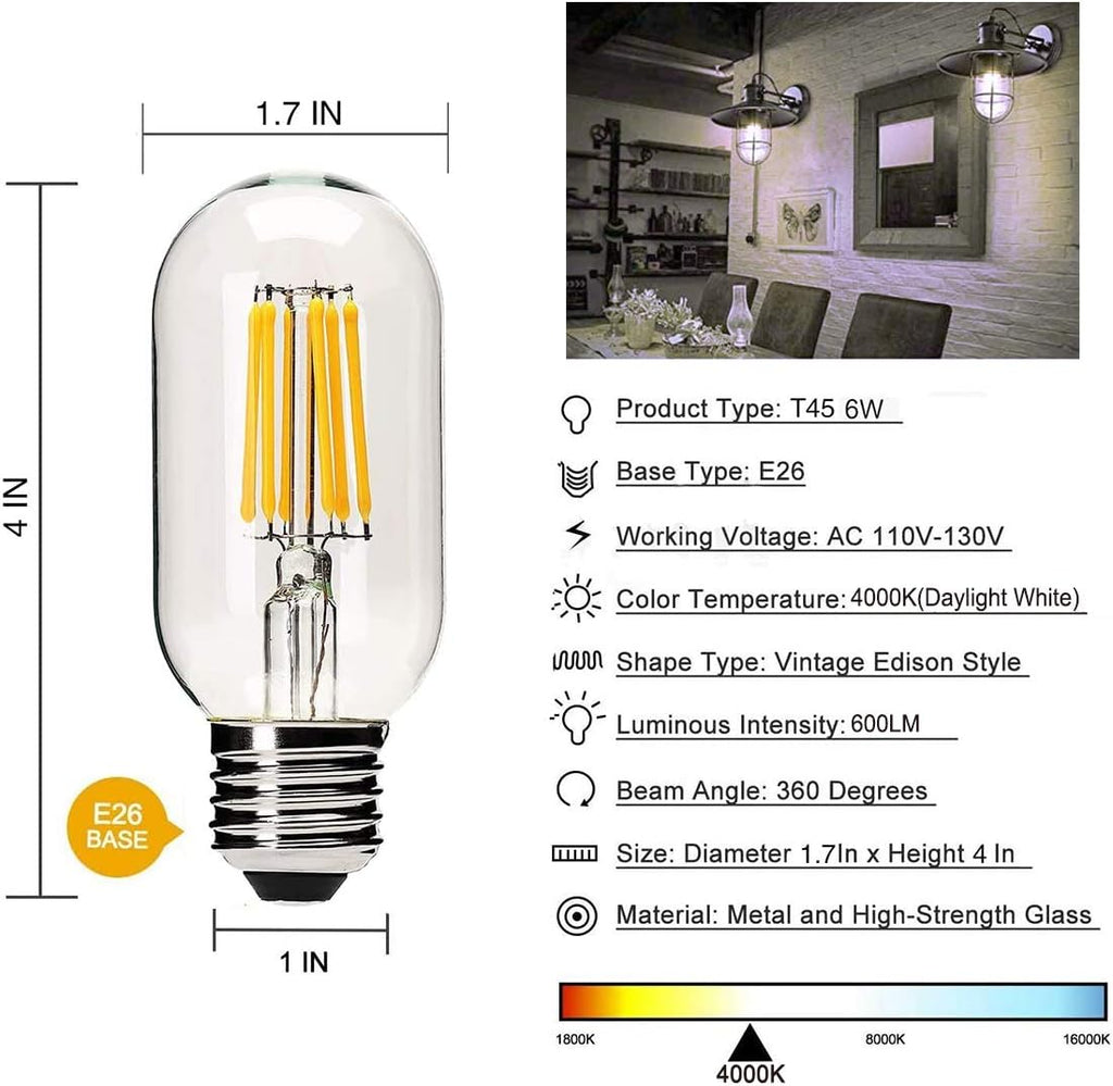 Dimmable Vintage Edison Tubular LED Bulb T45/T14, 6 Watt E26 Medium Base, 4000K Daylight White, 60 Watt Equivalent
