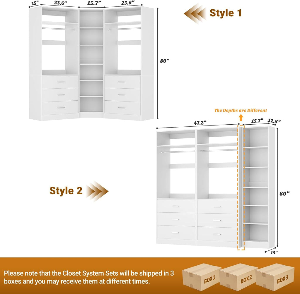 Closet System with 6 Drawers & 10 Shelves, Corner Closet Organizer System, Reversible Walk-in Closets, (L-Shaped