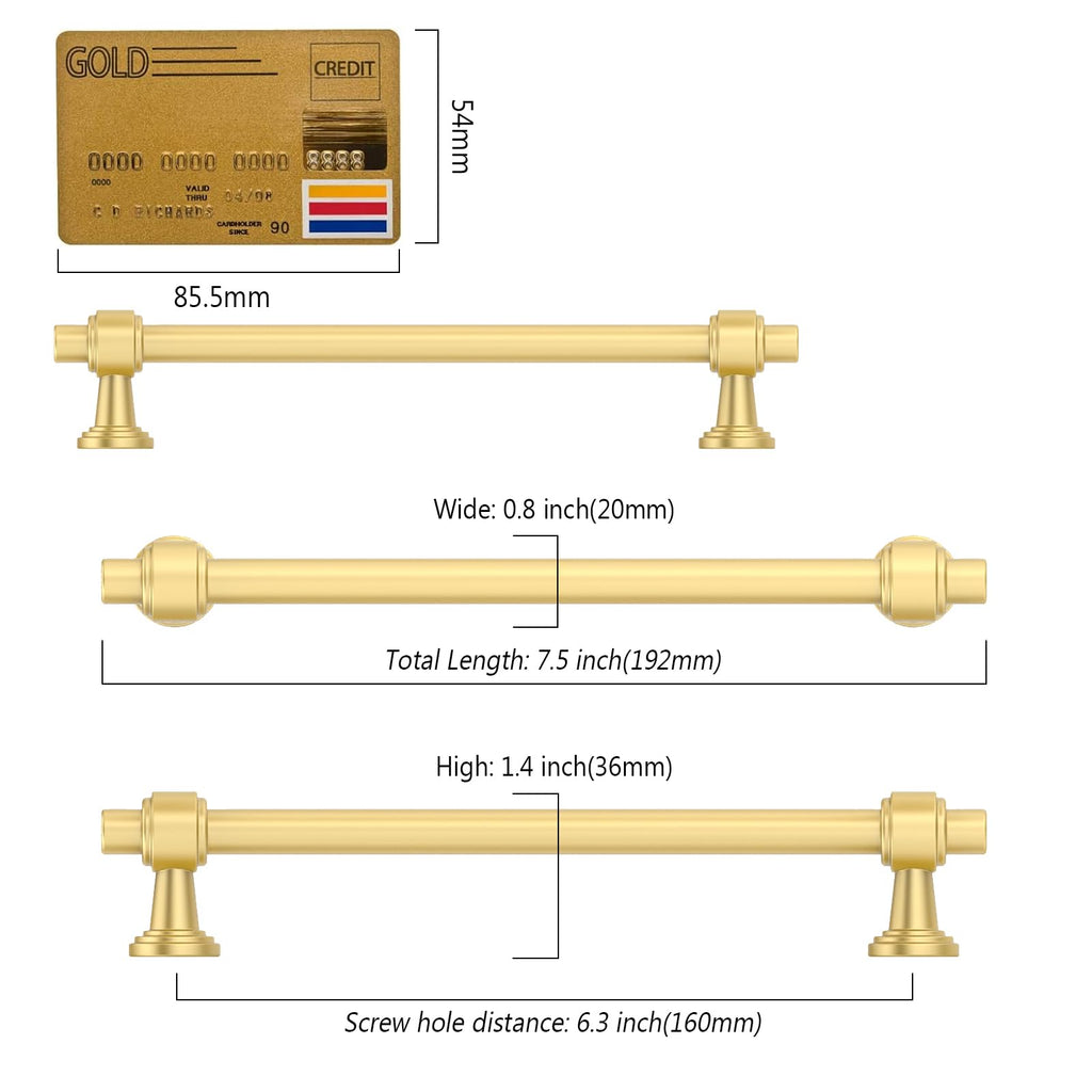 10 Pack Brushed Gold Cabinet Pulls 6.3 Inch(160mm) Hole Center Drawer Pulls Cabinet Hardware Kitchen Cabinet Handles